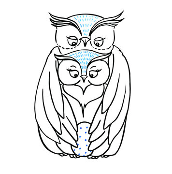Family of owls with spotted egg. Black and white linear freehand drawing, vector image.
