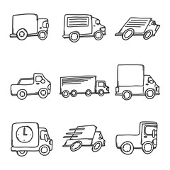 Truck Doodle vector icon set. Drawing sketch illustration hand drawn line eps10