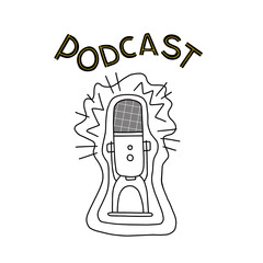 Graphic illustration with microphone for podcast. Lettering. Can use for sticker, logo