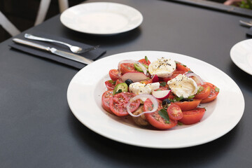 Italian caprese salad with chopped tomatoes, mozzarella, basil, oregano, thassos, onions, radishes, chili peppers and olive oil on a white plate.