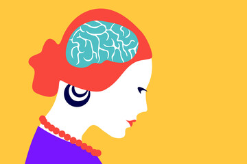 Beautiful woman and brain flat colourful illustration. Mental health, imagination and nervous concept illustration. Intelligence, mind, thoughts and ideas. 