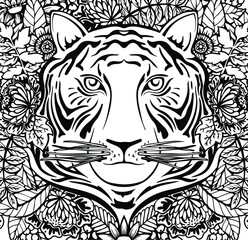 Vector illustration of line drawn tiger face in flowers and herbs. Background for the new 2022 year of the tiger on the Chinese calendar. Texture for printing on fabrics and paper
