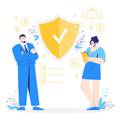 Man and woman stand near a shield to protect against attacks. Protection, insurance, health, business risk concept. Money, umbrella and checklist icons.