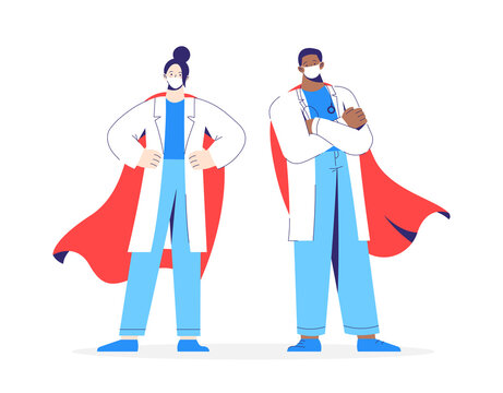 Characters Man And Woman Doctors Heroes In White Coat, Mask And Red Cloak Stands On The Protection Against Viruses.