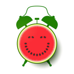 Watermelon with happy funny smiling face and silhouette of alarm clock