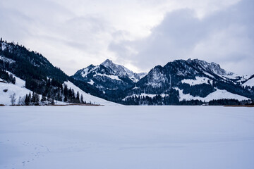 Fototapeta na wymiar Frozen lake with mountain views - Plaffeien, Switzerland