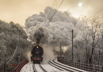 Steam train and sunrise