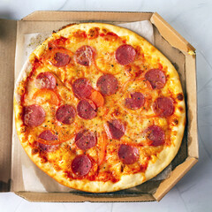 Pepperoni pizza with salami, mozzarella and tomatoes in carton.