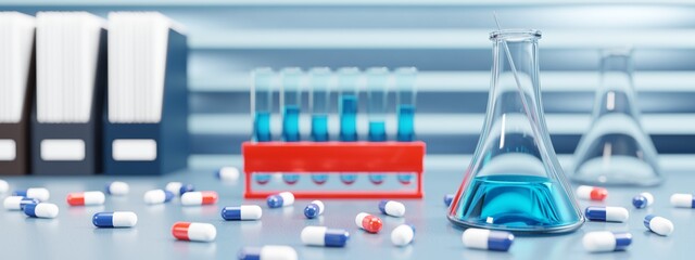 Pharmaceutical laboratory. Flask with liquid and pills on the table. Colorful medicine background