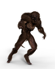 3D illustration of an aggressive looking werewolf walking isolated on white.