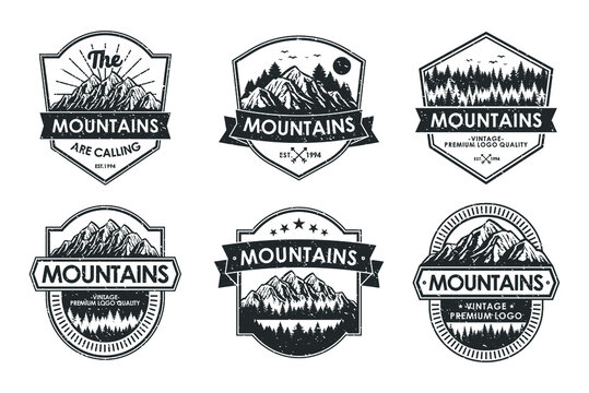 Vintage logo badge set adventure and outdoor mountains for sticker, hat, t-shirt, poster design