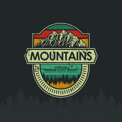 Retro Vintage logo badge adventure and outdoor mountains for sticker, t-shirt, hat, poster design 