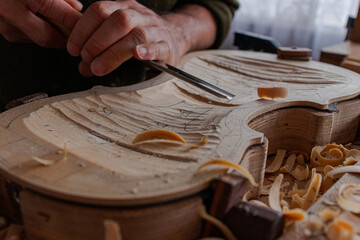 Fototapeta na wymiar Luthier's hands using gouge to work the wood and make a violin