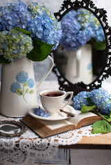 Amazing blue hydrangea flowers on the light table. Selective focus and close up image.