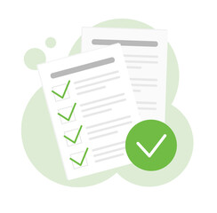 Paper with correct answers. Test list. Plan or checklist. Correct tasks with a green tick. Isolated vector illustration.