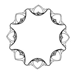 vector isolated pattern drawing of a geometric mandala with black lines on a white background with a blank space inside for text. Geometric octagonal pattern frame of triangles and lines and hearts li