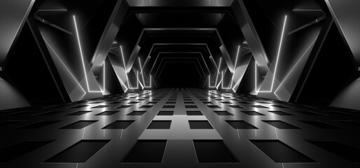 Obraz premium A dark tunnel lit by white neon lights. Reflections on the floor and walls. 3d rendering image.
