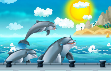 Cartoon scene with dolphins and ship sailing into the port illustration