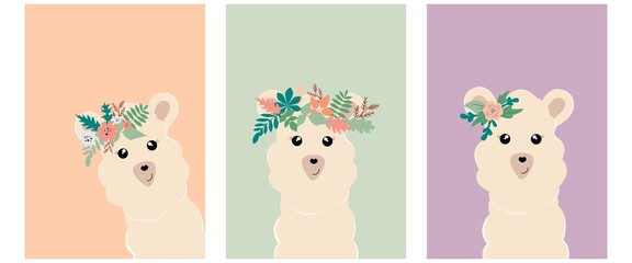 Collection of scandinavian cards with alpaca. Hygge style. Cute background with llama