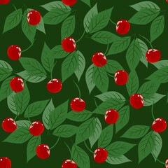 Cherry branch with leaves and ripe bright berries, vector illustration. Seamless pattern on a green background