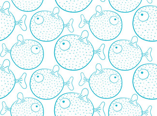 Funny puffers. Seamless pattern with fish. Hand-drawn vector stock illustration.
