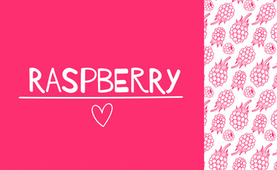 Raspberry! Vintage berries background with seamless pattern. Design frame for sweets, soaps, drinks, menu and health products. Hand-drawn vector stock border.