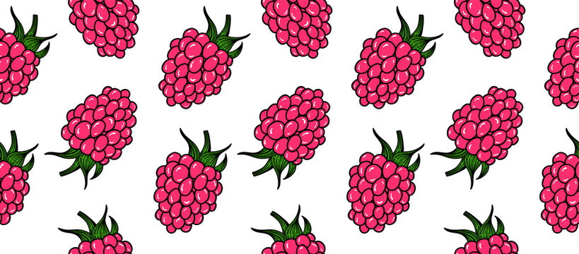 Fresh raspberry in cartoon style. Seamless pattern with pink berry. 