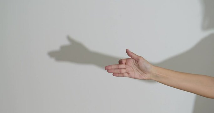 Woman making shadow dog with her hand