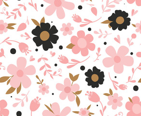 Cute background with flowers. Seamless pattern in pink, gold and black. Isolated on the white background.