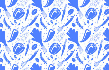 Veggies seamless pattern. Vegetable background in blue.
