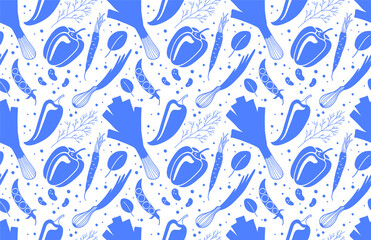 Veggies seamless pattern. Vegetable background in blue.
