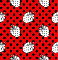 Sweet strawberry. Seamless pattern with red background and polka dot. Hand-drawn vector stock illustration

