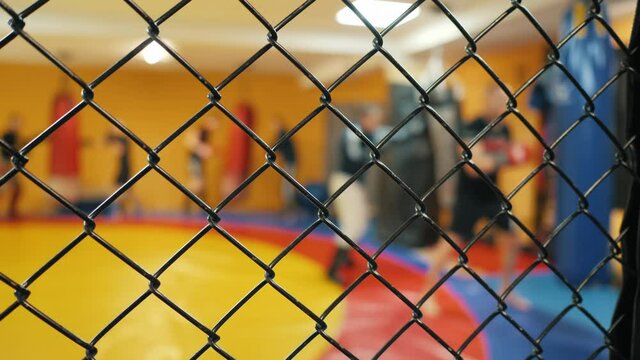 Blurred fighters practicing punch on punching bag behind net fence. Unrecognizable fighters during training