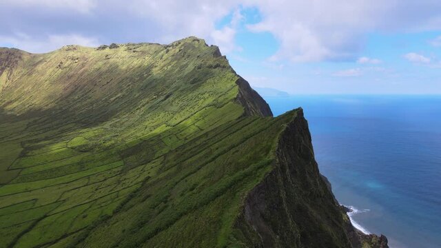 The aerial view of Corvo Island in the Azores
