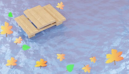 3d background rendering, illustration of brown autumn leaves on a park bench in the middle of a puddle, for web pages, autumn and nature theme, presentation or product pictures and backgrounds