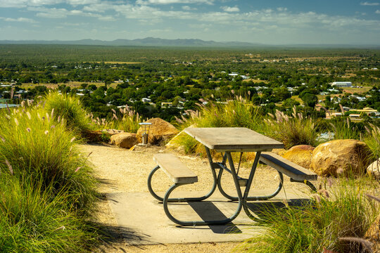 Picnic table on top of the Towers Hill lookout point overlooking Charters Towers, Queensland, Australia