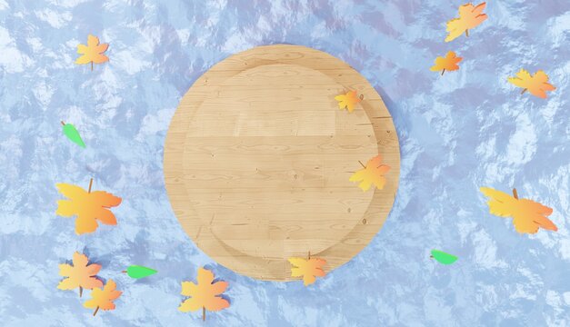 3d background rendering, illustration of brown falling leaves on a wooden podium in the middle of water, for web page, autumn and nature theme, presentation or product pictures and backgrounds