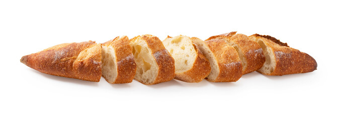 A sliced baguette placed on a white background.
