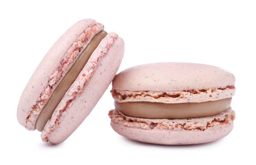 Pink macarons on white background. Delicious dessert