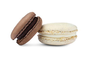 Different delicious colorful macarons on white background