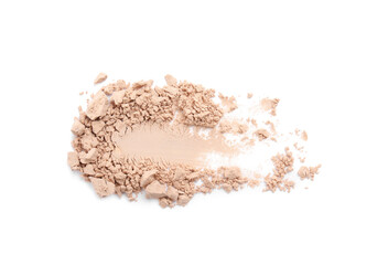 Swatch of crushed face powder on white background, top view