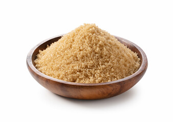 Brown sugar in a wooden dish set against a white background.