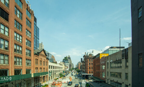 New York, NY - USA - July 6, 2021: Horizontal view of West 14th Street in the Meatpacking District.
