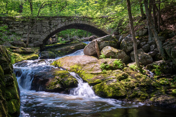 old stone arch bridge over waterfalls in the woods