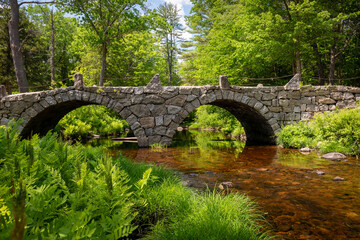 Fototapeta na wymiar Old stone double arched bridge over calm waters in forest