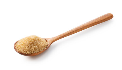 Wooden spoon and brown sugar placed on a white background.