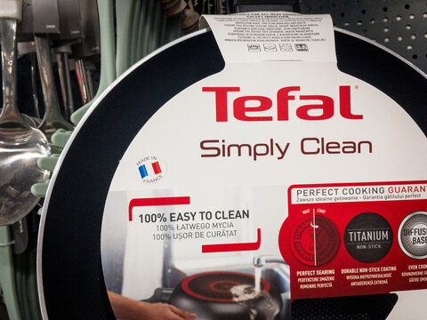BELGRADE, SERBIA - JUNE 29, 2021: Tefal logo on a nom stick pan in Teflon for sale in Belgrade. Tefal is a french cookware and kitchen appliance brand part of groupe seb...