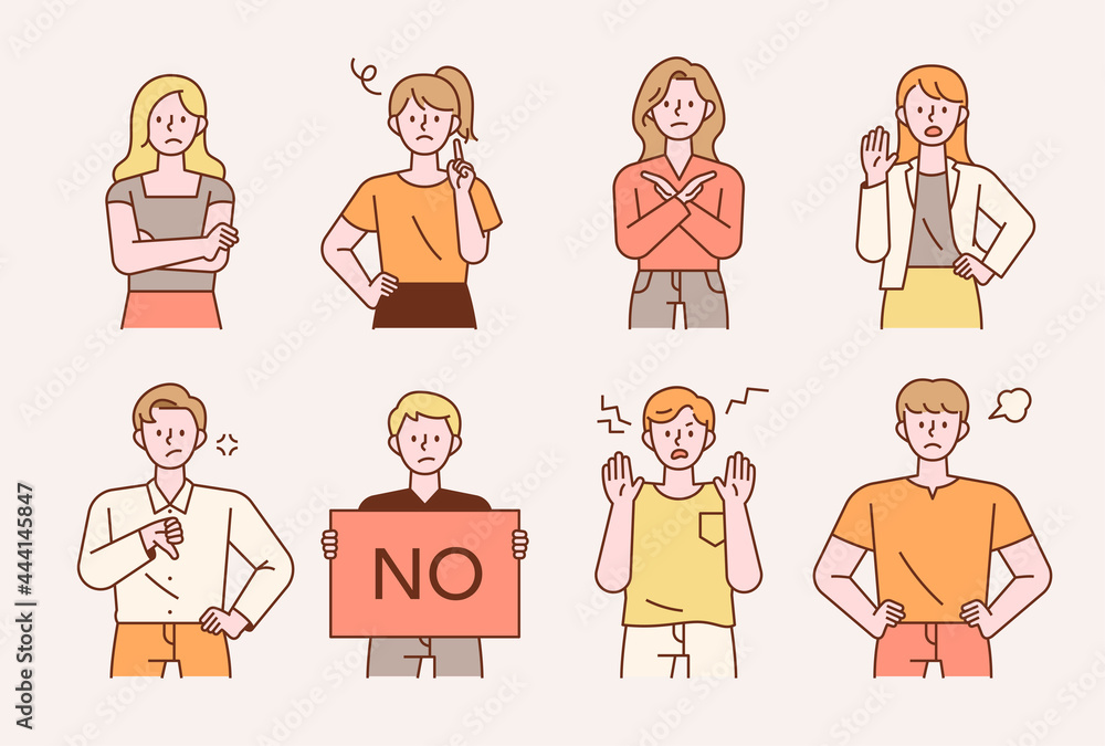 Poster collection of people characters with rejection gestures and facial expressions. flat design style mi