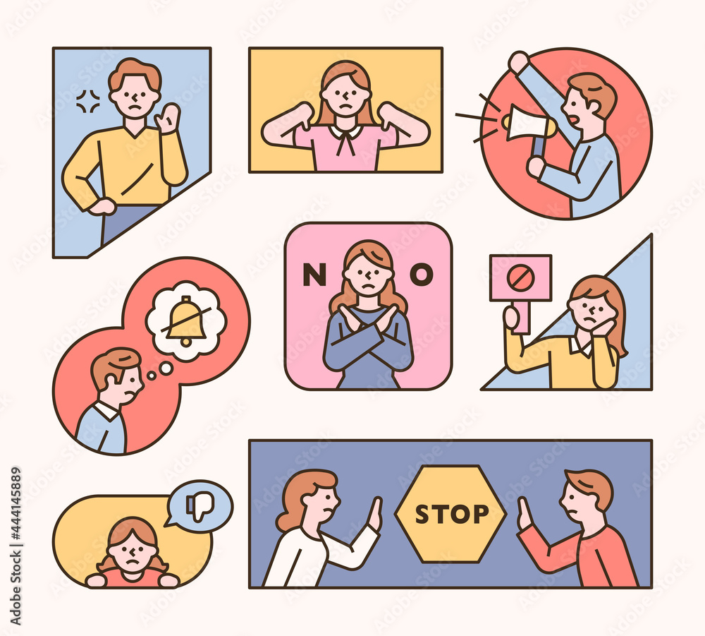 Poster people making warning gestures in frames of various shapes. flat design style minimal vector illustr