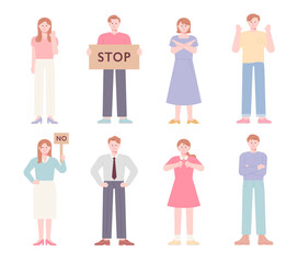 Fototapeta premium Collection of standing people characters with gestures and facial expressions of rejection. flat design style minimal vector illustration.